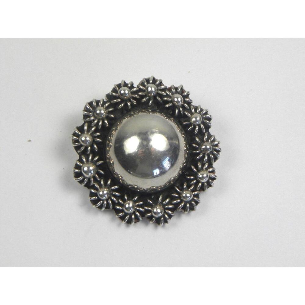 Vintage Sterling Silver Pendant Brooch Taxco Mexico Button Flower Signed TE-32